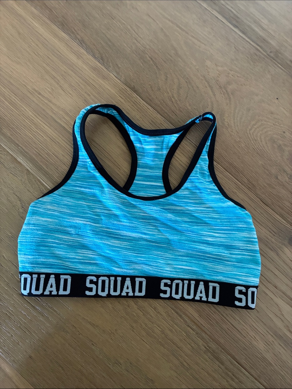 Blue Space-Dye Racerback Sports Bra with 'SQUAD' Band